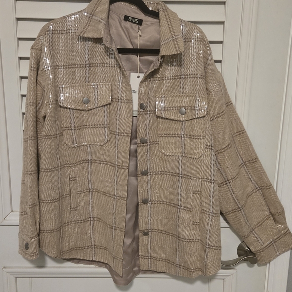 Miss Me Shimmering Sequin Beige Plaid Shacket - Picture 2 of 5